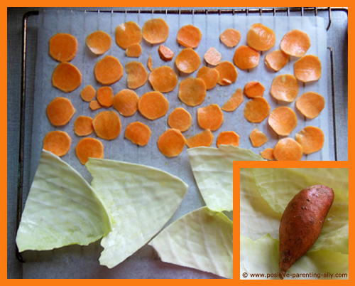 Sweet potatoe and cabbage cut out and ready for oven.