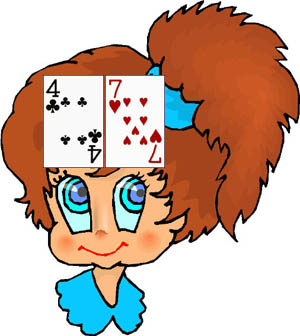 Indian poker is a good example of cool math games for kids: girl with cards on her forehead