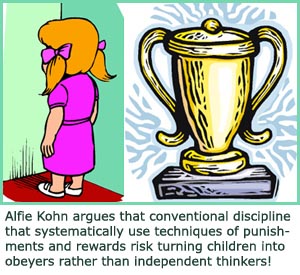 drawings of images of punishments and rewards. Girl standing in corner and trophy
