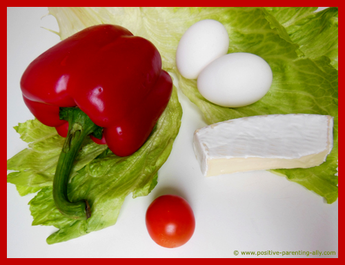 Ingredients for egg boats: eggs, bell pepper, cheese, tomato and salad.