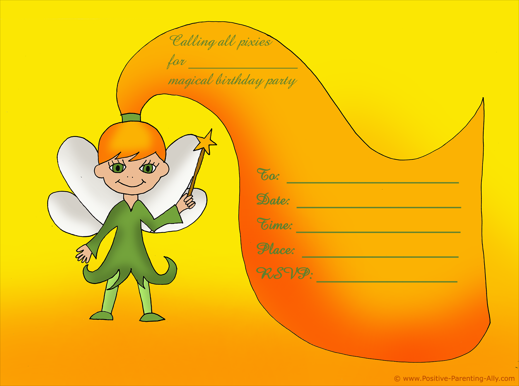 Fairy or pixie birthday invite to print for girls.
