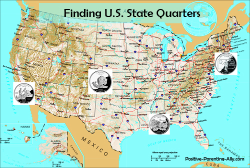 Fun kids game of collecting U.S quarters and sticking them on U.S. map.