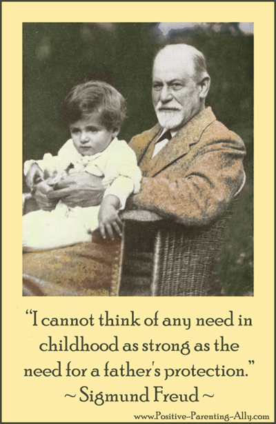 Freud in a garden with Hans in his lap: Famous Freud quote on parenting and children: I cannot think of any need in childhood as strong as the need for a father's protection.