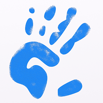 Blue handprint from child to use on birthday invitations.