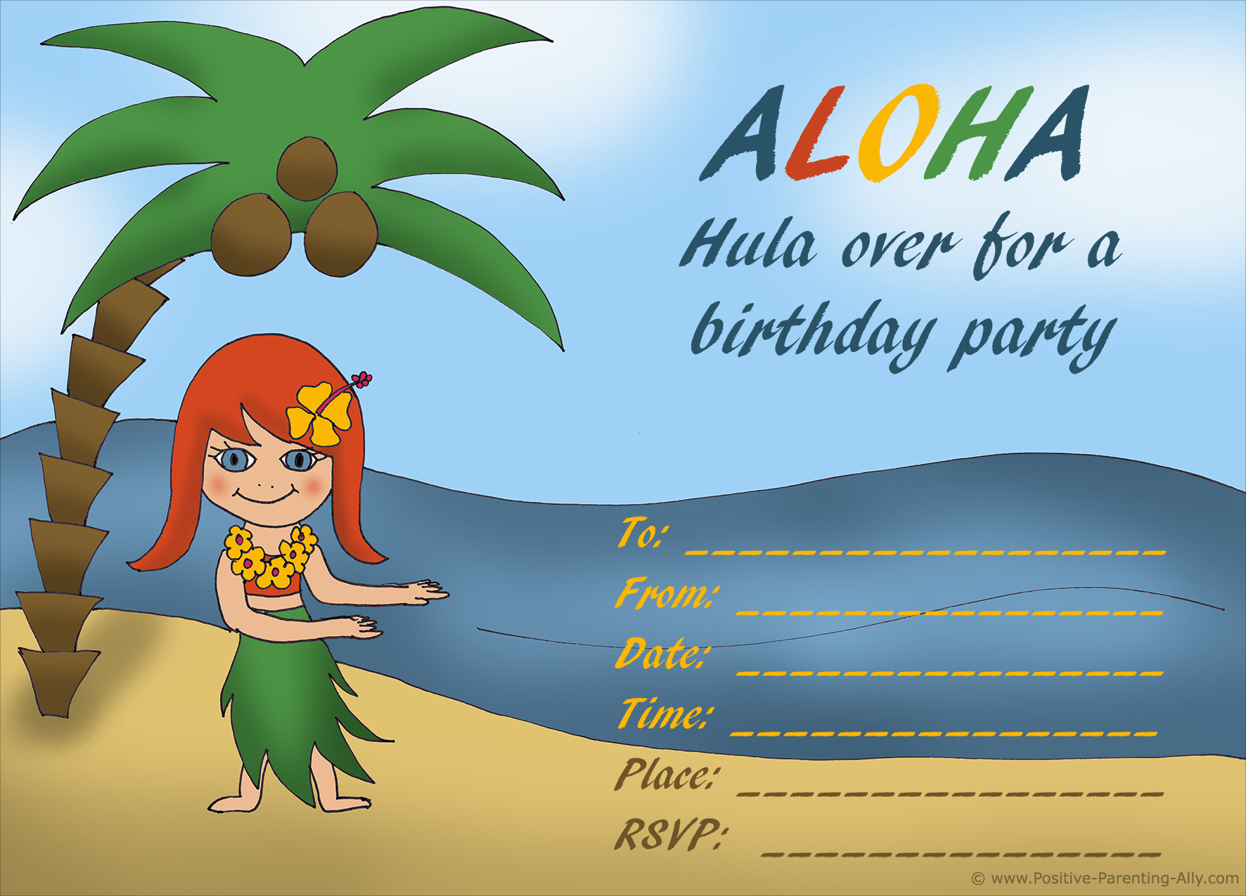 Hawaii hula girl birthday invitation.