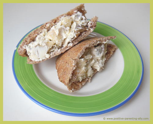 Healthy after school snack: wholegrain pita with pear and creme cheese.