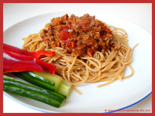 Healthy spaghetti bolognaise recipe for kids to make at home. Easy to follow guidelines. .