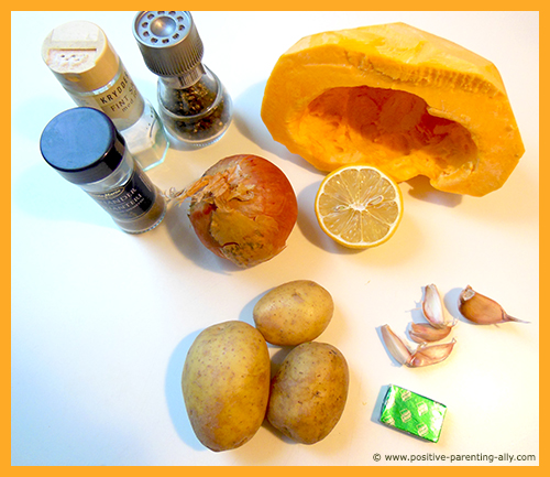 Ingredients for favorite soup: delicious pumpkin soup for toddlers. 