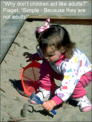Jean Piaget's theories on child development illustrated via little girl playing in sand box.