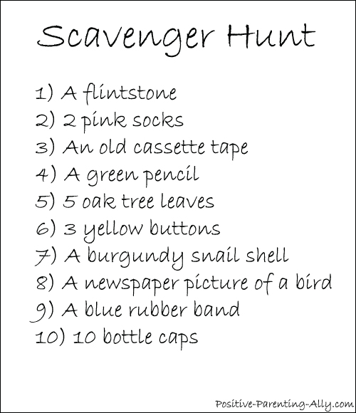 List of 10 things to look for in a scavenger hunt for kids.