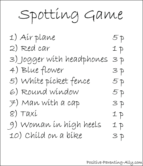 List to use in a picknic spotting game for kids.