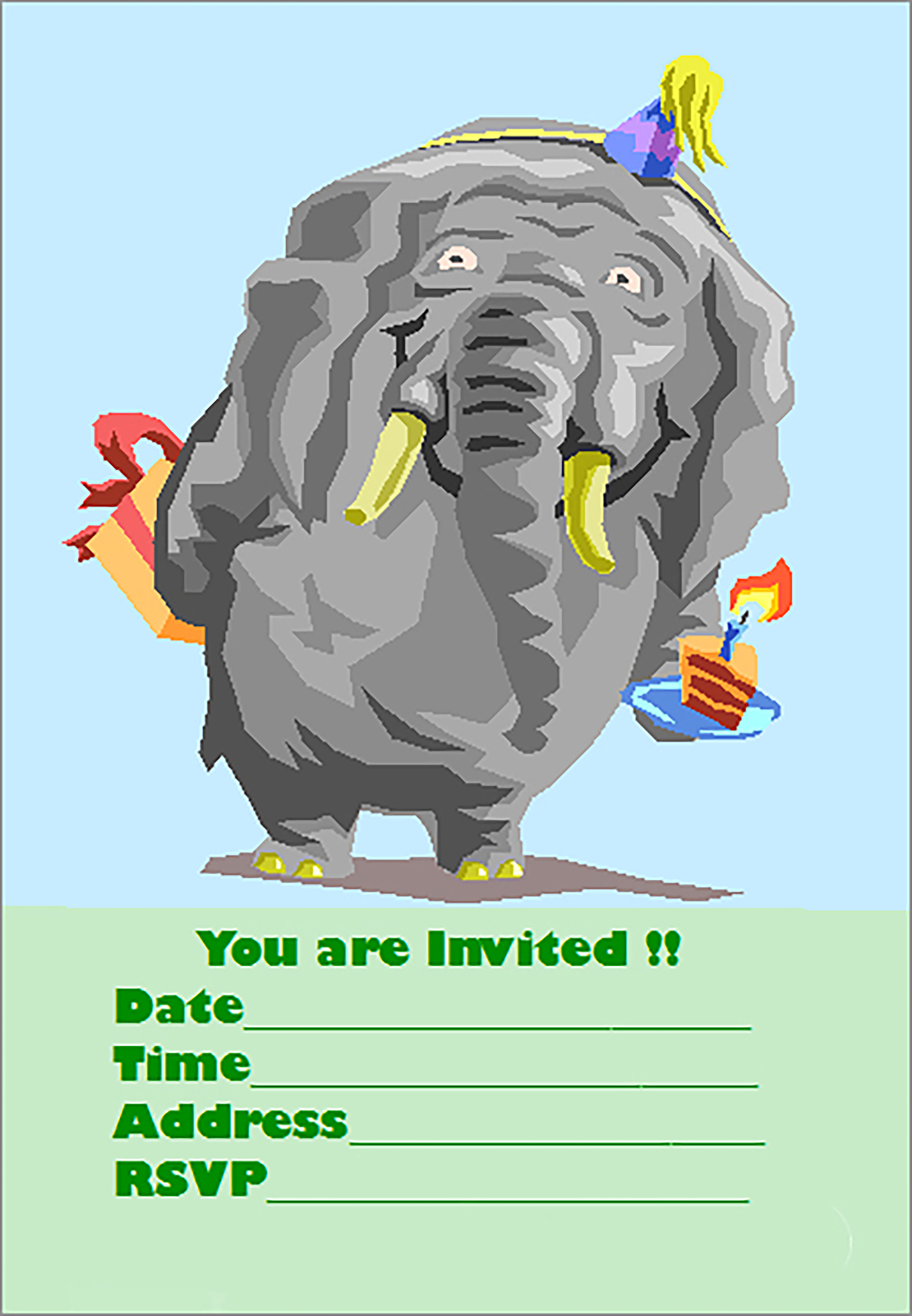 Example of free printable birthday party invitations template: Cute elefant with hat, gift and a cake with a candle in.