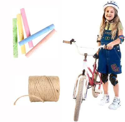 Fun math activities: preteen girl on a bike, chalk and string.