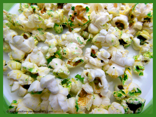Mouldy green popcorn for Halloween. Easy Halloween snacks for kids. 