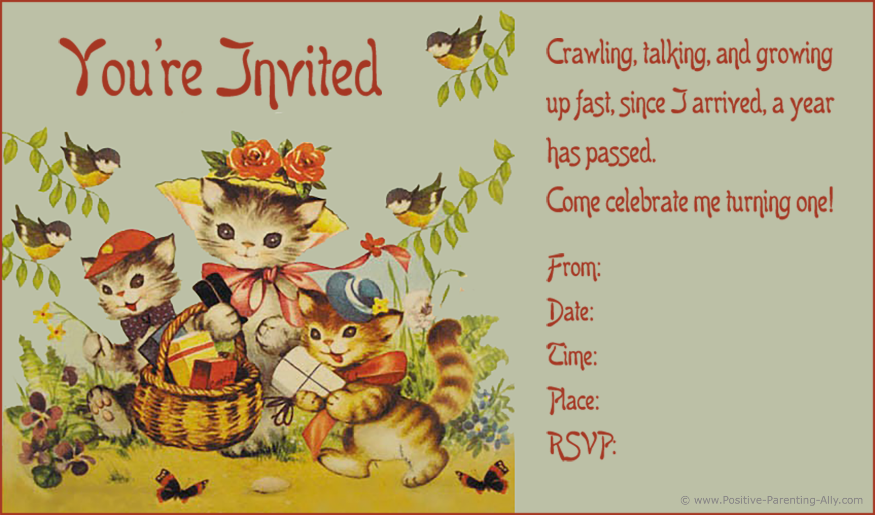 Cute vintage printable first birthday invitation with kittens and cats.