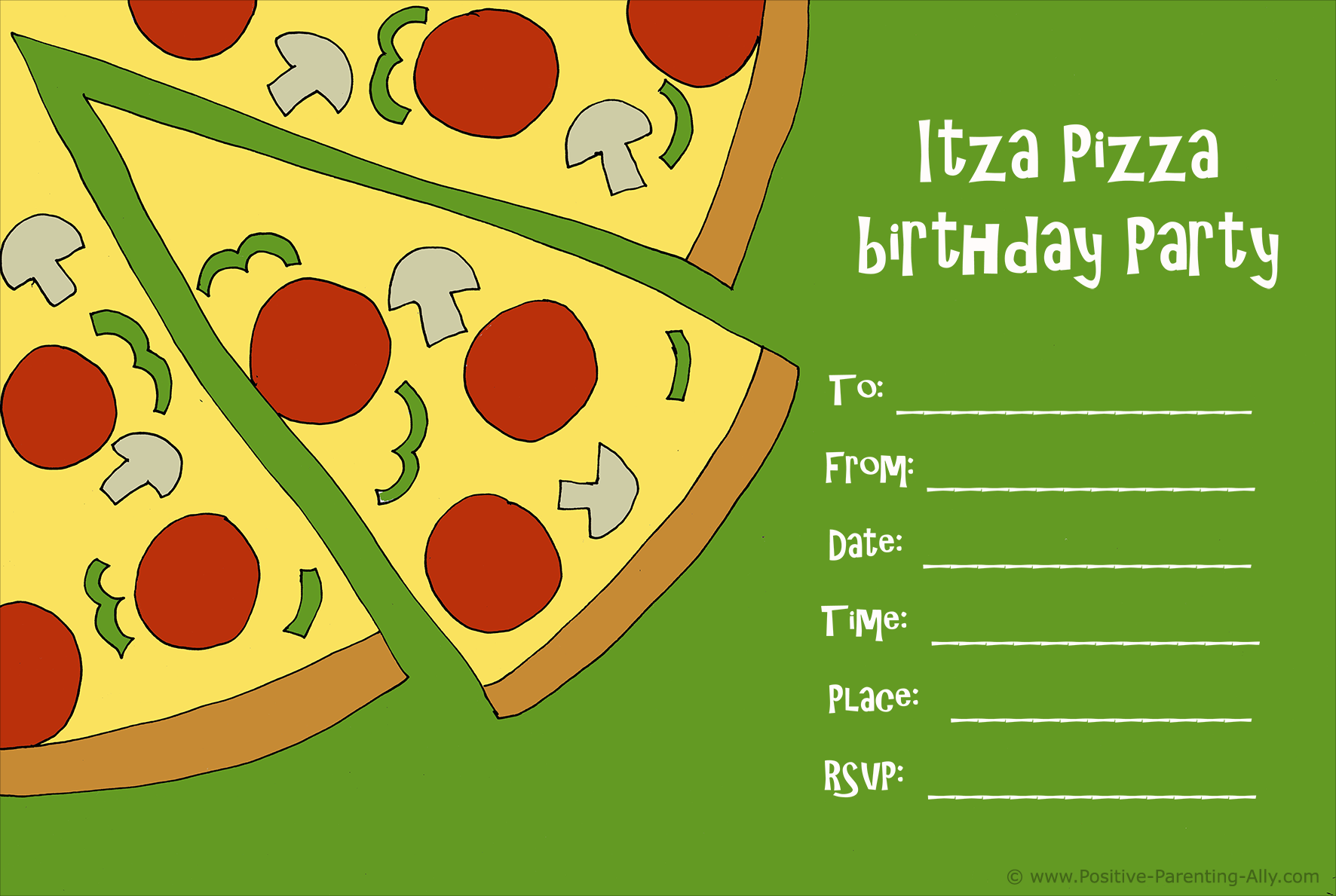 Printable pizza birthday party invitation.