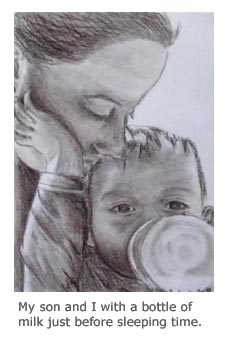 Positive Parenting Ally - coal drawing - drinking milk from bottle
