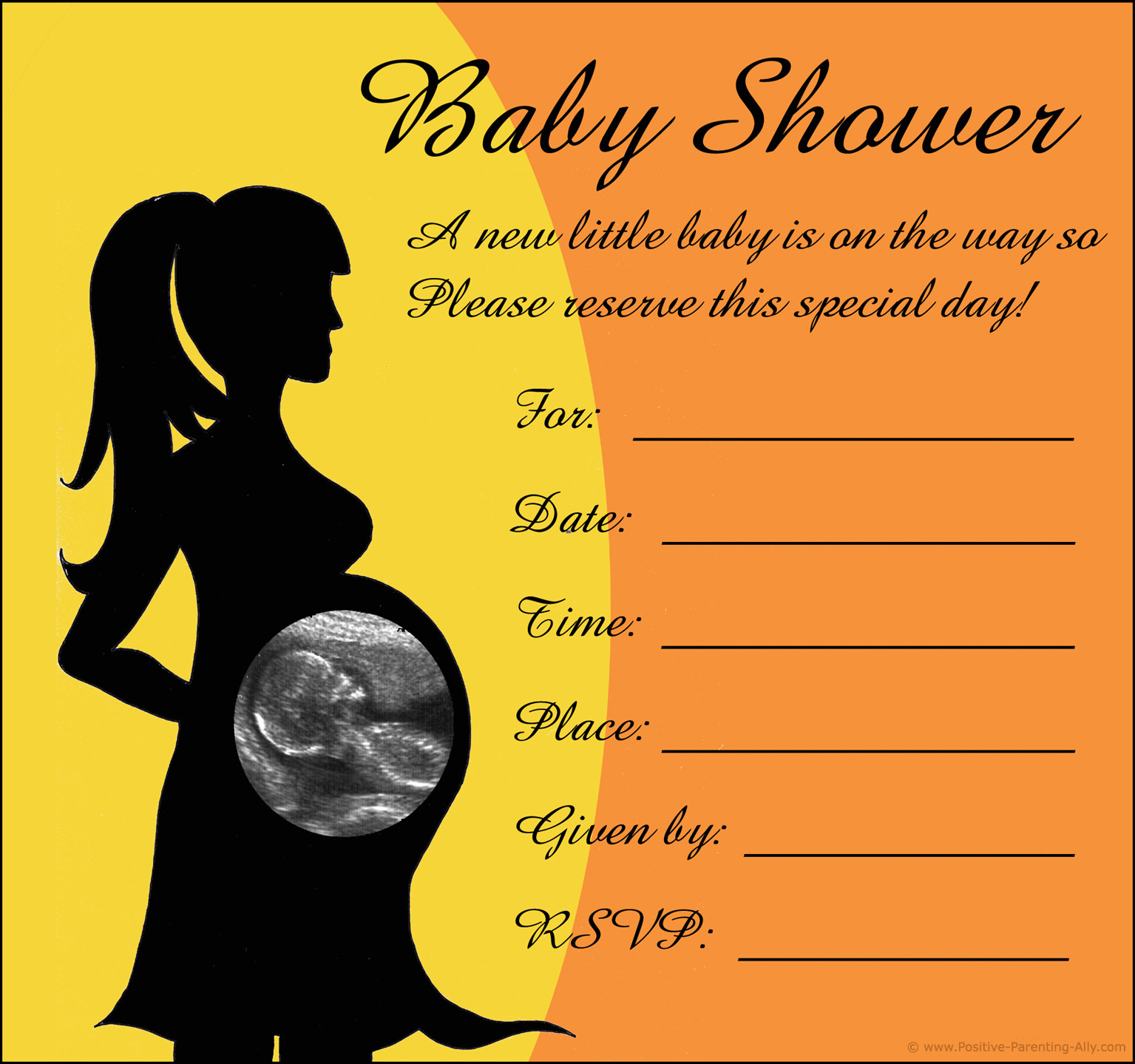 Invite with ultrasound image on pregnant belly silhouette.