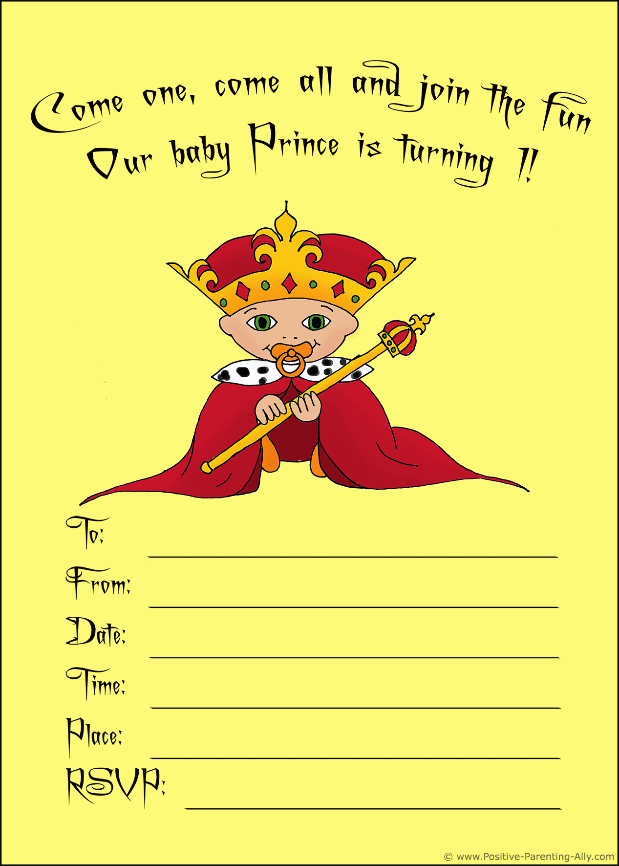 Printable birthday invitation with a baby prince in king's costume.