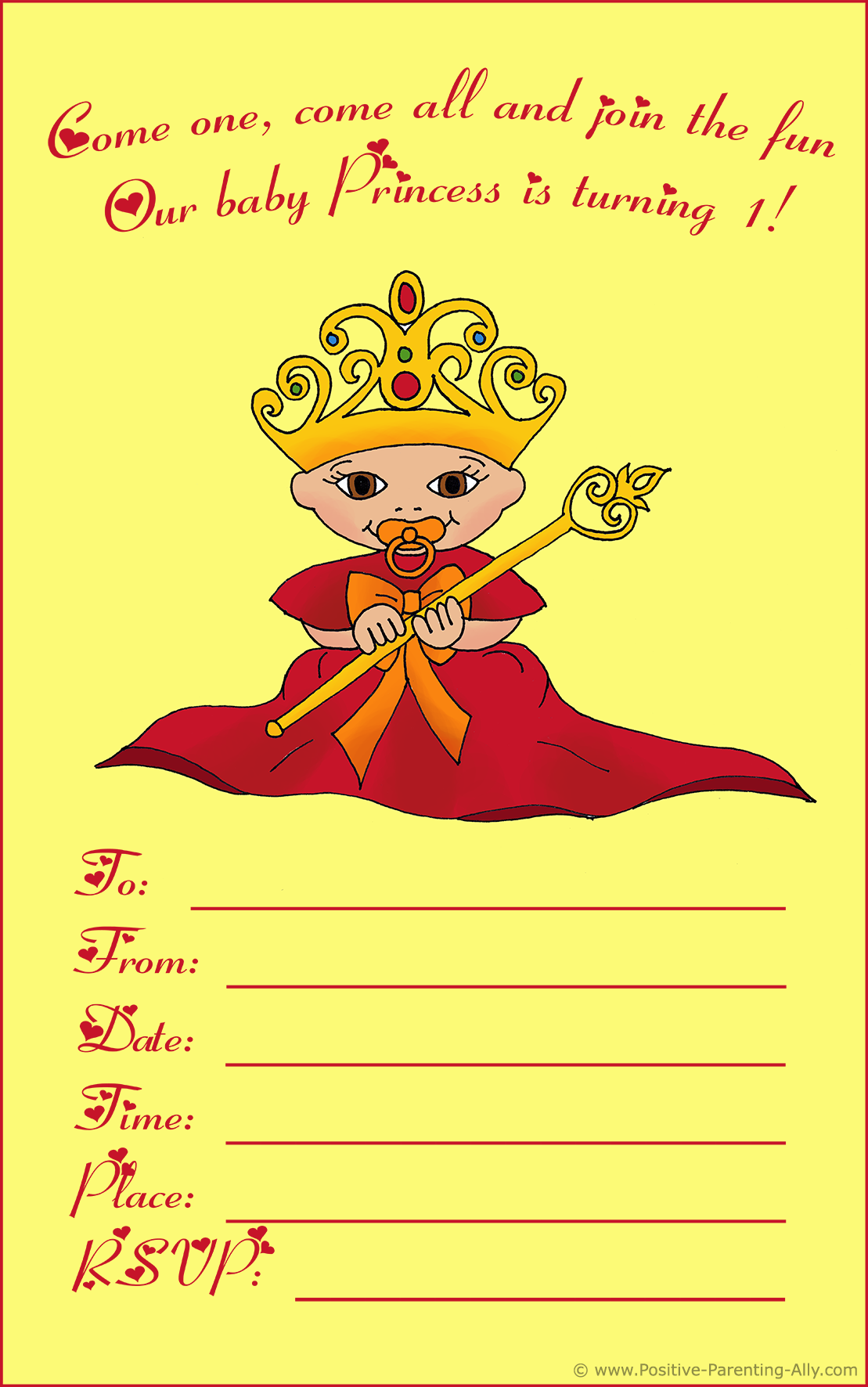 Printable birthday invite featuring a baby princess wearing a queen's robe and crown.