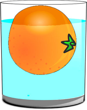 The floating orange in a glass of water experiment.