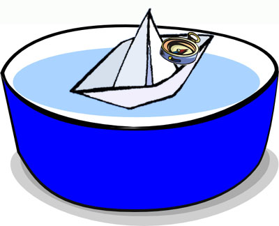 easy science fair projects: A paper boat in a bowl of water and a needle magnet pointing to the magnetic north pole. 