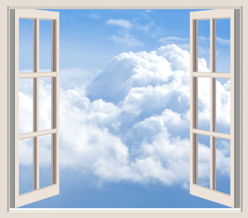 Blue sky and clouds through window