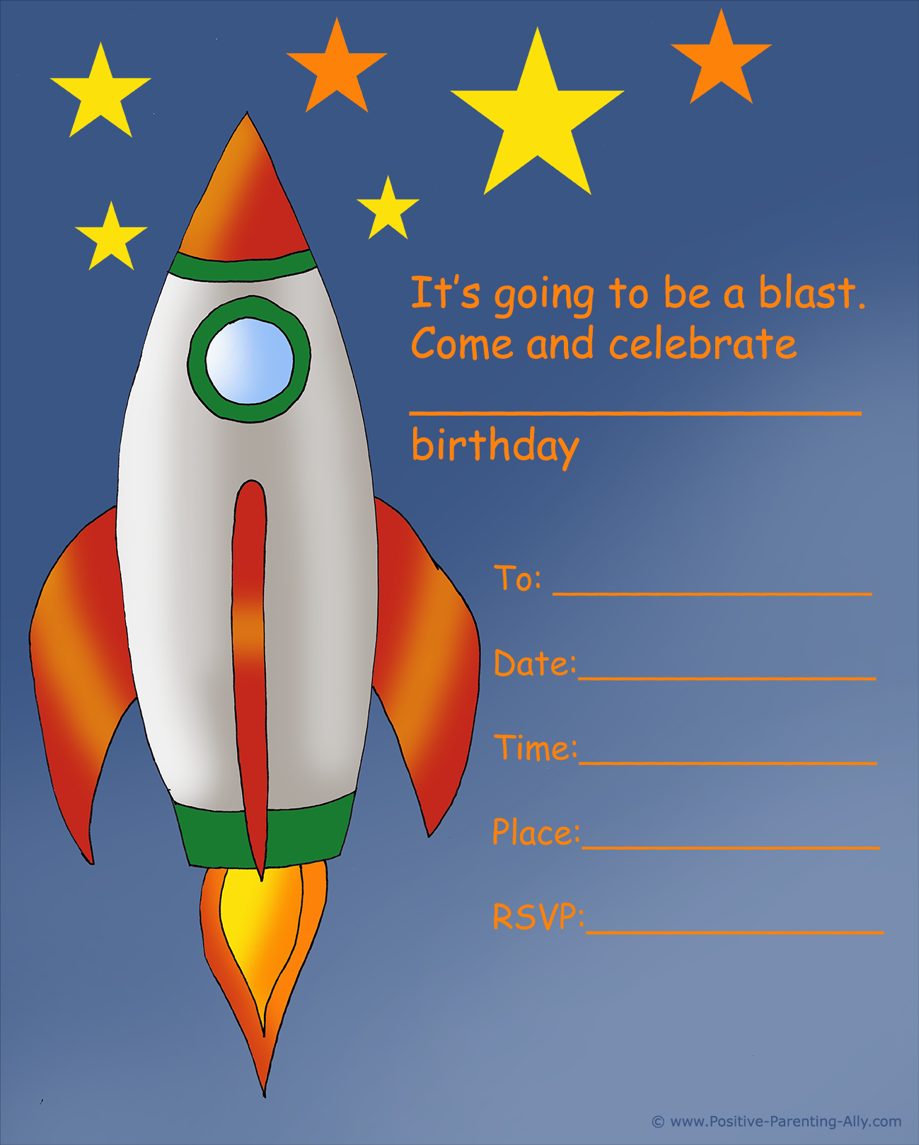 Free birthday invitations with a space rocket.
