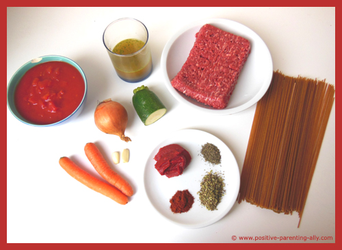 Recipe ingredients for a healthy spaghetti bolognaise that is easy for kids to do. 