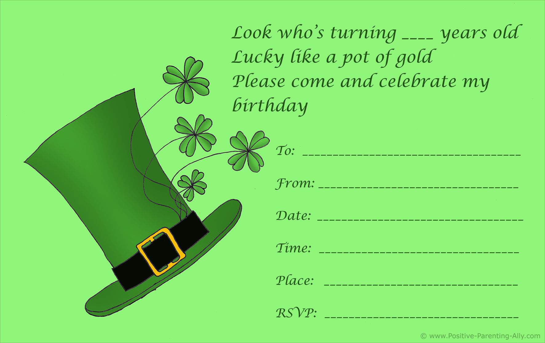 St. Patrick's Day birthday invitation: hat with four leaved clovers.