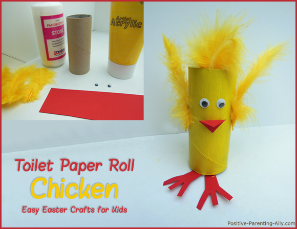 Toilet roll chicken as cute Easter crafts for kids. 