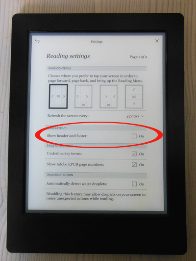 Untick checkbox for header and footer on Kobo eReader.