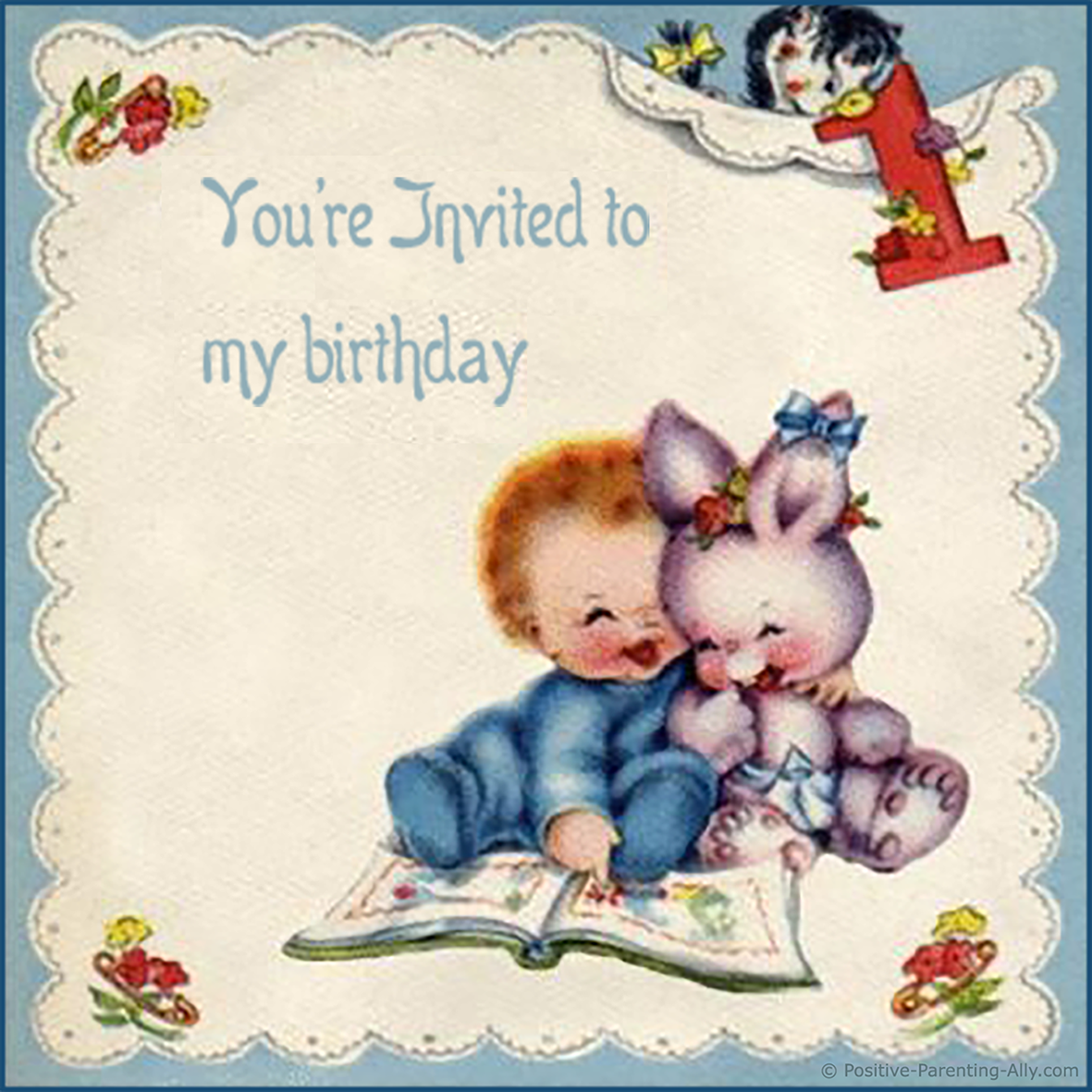 Vintage birthday invitation for first birthday with a cute baby boy reading a book with a rabbit.