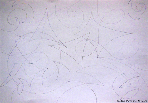 Abstract pencil drawing for kids of geometrical figures.
