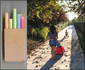 Fun outdoor games: Colorful chalk and a little toddler on a tricycle.