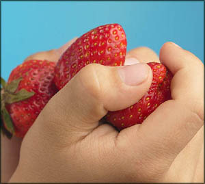  Helping out in the kitchen. Child hands holding strawberries.