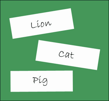 Paper with animal names on them for the animal partner game.