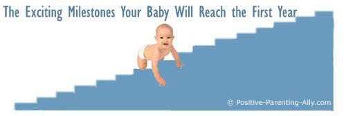 Picture of baby crawling up blue staircase which represents milestones reached during the first year.