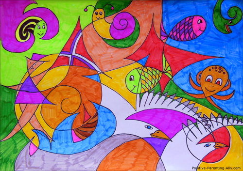 Fun creative activity with kids: drawing colorful abstract drawings with kids. 