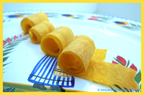 Dried / baked mango rolls. Examples of easy and healthy kids snack recipes with fruit.