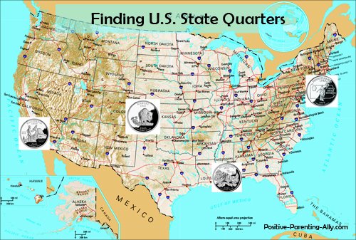 Fun kids game of collecting U.S quarters and sticking them on U.S. map.