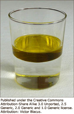 Fun science games for kids: A glass with water and oil at the top.