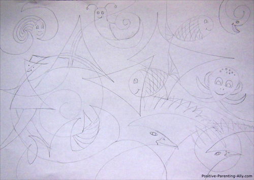 Funny abstract figurative mix drawing for kids.