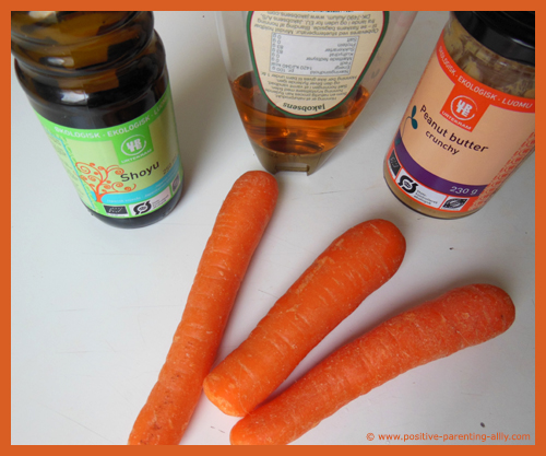 Ingredients for carrot sticks with peanut butter dip.