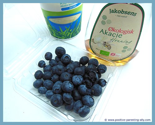 Ingredients for delicious frozen healthy snacks for kids with blueberries and yoghurt