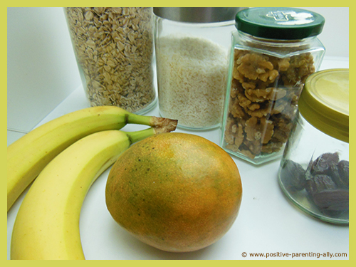 Ingredients for healthy no sugar banana snack cake.
