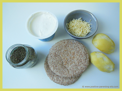 Ingredients for making mini potato pizza.