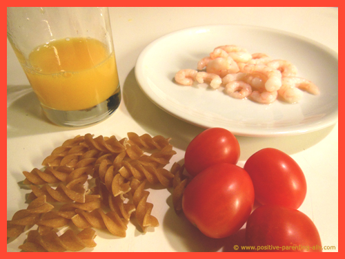 Ingredients for shrimp pasta snack.
