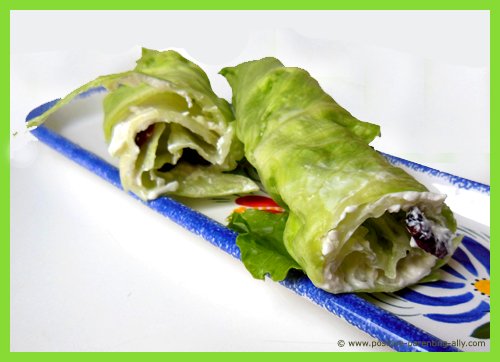 Healthy kids snacks: The lettuce roll cut in half so you can see the cream cheese stuffing