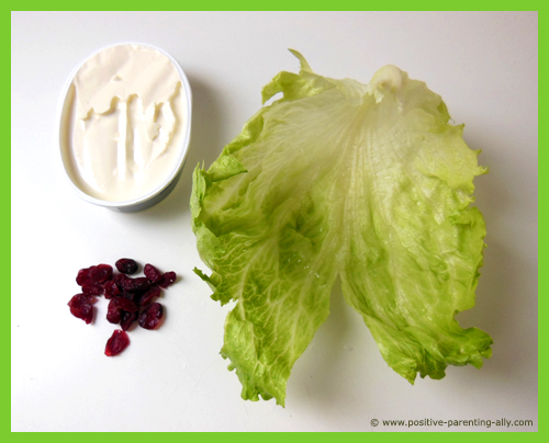 Ingredients for the lettuce rolls: a salad leaf, cream cheese and dried cranberries.